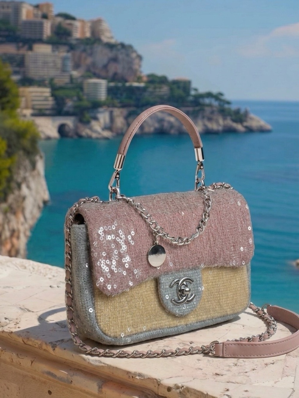 CHANEL Flap Bag Multi-Color Knit with Sequin Embellishment
